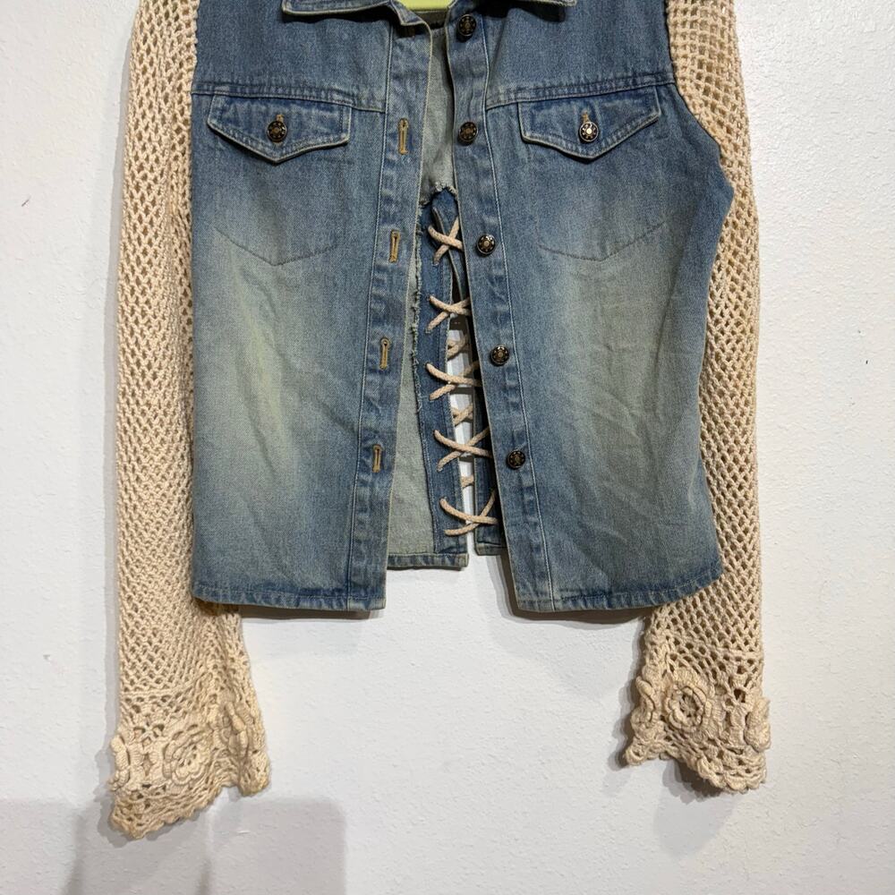 Cama Sol Denim Crochet Sleeve Vintage Jacket Sz S - Picture 4 of 11